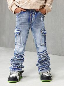 SHEIN Young Boy Fashionable Retro Design Distressed Vintage Washed Ripped Frayed Raw Edges Patchwork High Stretch Slim Fit Blue Jeans With Cargo Pocket,Leisure And Versatile For Kids Fall/Winter Outdoor Wear Clothes Outfits - Medium Wash - View 6