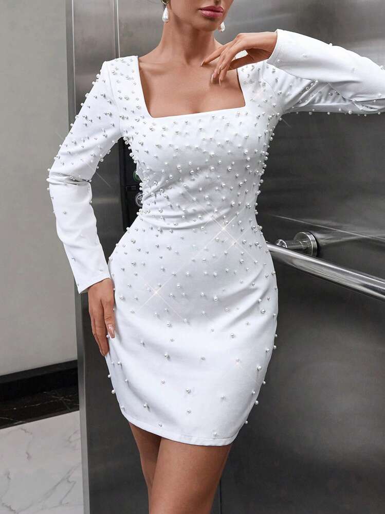 bhldn pearl-embellished long-sleeve drop-waist mini dress Bhldn Pearl Embellished Long Sleeve Drop Waist Mini Dress