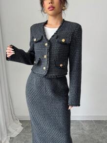Chiquease 2 pièces/set Veste à simple boutonnage avec franges et patchwork, et jupe pour femmes. Tenue pour l'automne/hiver - Noir - Voir 6