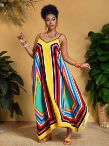 Slaydiva 大码女式宽松几何图案 V 领无袖度假连衣裙