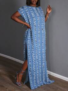 Slaydiva Sukienka dżinsowa damska z podartymi rękawami, swobodna i modna do codziennego noszenia - Niebieski - Zobacz 4