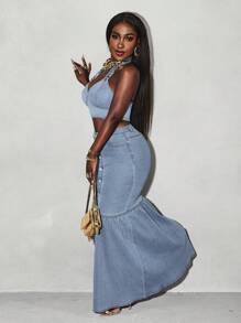 Slaydiva Váy denim dài vừa phải phong cách ngư dân đơn giản có túi nút cho nữ - Rửa nhẹ - Xem 8