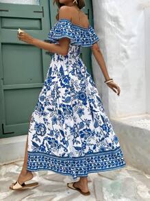 SHEIN VCAY Vestido acampanado ajustado con volantes para mujer, estampado floral azul y blanco, ropa de vacaciones