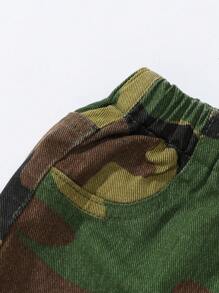 女婴全松紧腰 Y2K 街头酷炫女婴迷彩牛仔工装裤，粉色 - 軍綠色 - 查看 7