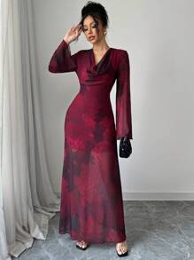 Elenzga Sheer Mesh Rose Floral Print Draped Neck Long Sleeve Maxi Elegant Dress
