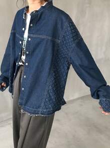 FRIFUL 女士宽松牛仔拼接衬衫，藏蓝色，春季牛仔外套，秋季女装长袖