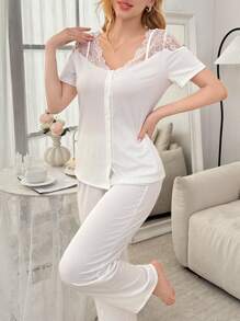 Lace Spliced Sheer Shoulder Top And Long Pants Women Sleepwear Set