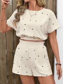 Easowa 2pcs Spring Drawstring Shirt And Shorts Set, Apricot Base With Black Heart Decor, Suitable For Dating And Valentine's Day - Apricot - View 5