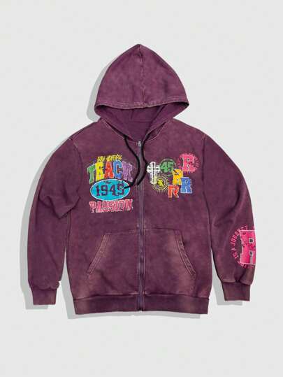 Street Life Sudadera con capucha y cremallera informal con estampado de letras lavadas para hombre