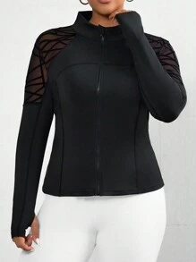 SHEIN Sport Studio Plus Size Branch & Mesh Contrast Thermische Gevoerde Lange Mouw Jas, Sportieve Stijl Voor Herfst/Winter