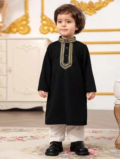 Baby Boys 2pcs Black Long Sleeve Top With Ribbon Decor And Long Pants Set