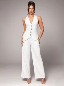 Silquee 女式高端纯色白色V领金属扣装饰单排扣马甲内衬优雅时尚通勤套装适合夏秋季办公室商务休闲秋季女装套装女西装外套，夏季女式商务休闲纯色双排金属马甲西装外套，商务女装办公室海仙子复古教师服装，玫瑰花朵金属装饰扣，情人节