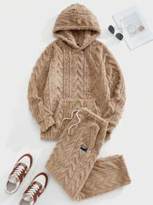 Manfinity VCAY 2pcs Men's Loose Raglan Hooded Fleece Sweatsuit, Warm & Cozy For Autumn/Winter - Khaki - View 1