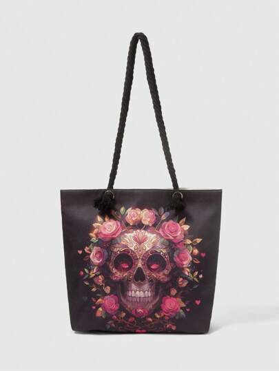 Goth Floral Print Large Capacity Fashion Shoulder Bag, Suitable For Daily Outings