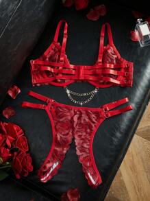 2件套加大码蕾丝刺绣内衣套装，带钢圈，情人节 - 紅色 - 查看 2