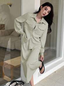 DAZY 2 件套女士纯色宽松衬衫和 A 字裙套装，荷叶边，秋季女装