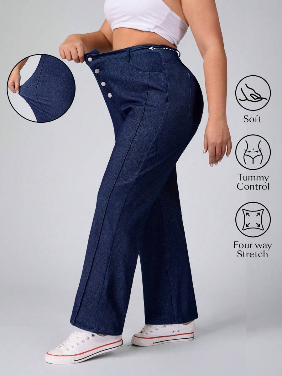 Flexra Plus Size Women Button Front Straight Leg Stretchy Knit Denim Apple Bottom Jeans Casual Jeans