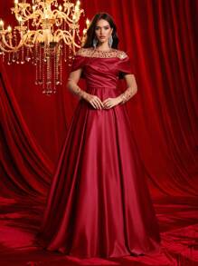 Glamrae 优雅透明网眼奢华手工水钻长裙，搭配蓬松 A 字裙，婚礼宾客礼服，适合约会、婚礼、正式活动、庆典、派对礼服、晚礼服、长袍 - 紅色 - 查看 6