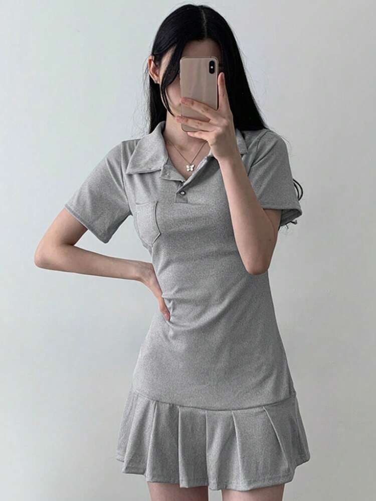 Women Casual Solid Color Pleated Hem Short Dress Sundress,Mini Dress