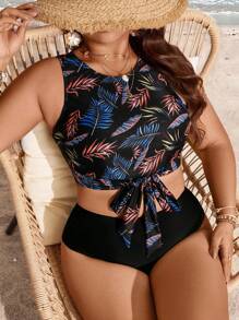 Swim Lushoire Plus Size 2 Pieces Tropical Leaf Random Print Round Neck Sleeveless Bowknot Crop Top & High Waist Solid Color Breif Tankini Set, For Summer Vacation - Black - View 1