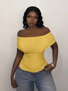 Slaydiva Nouvelle blouse ajustée à col rabattu et épaules dénudées, pour l'été - Jaune citron - Voir 4