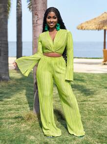 Slaydiva Spring/Summer New Women's Elegant Pleated Flare Sleeve Top And Pants Set, Versatile For Party, Banquet, Casual, Vacation, Cruise Travel, Beach, Sundress