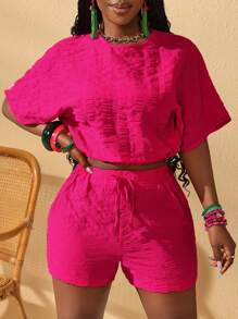 Slaydiva 2pcs New Solid Color Casual Outfit: Crew Neck Short Sleeve Top And Knotted Textured Fabric Shorts Set, Summer - Hot Pink - View 3