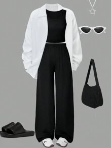 Sparklyn 3 件装 Tween Girl 轻质防紫外线长袖衬衫，搭配吊带背心和长裤，休闲舒适的春夏季服装 - 白色 - 查看 1