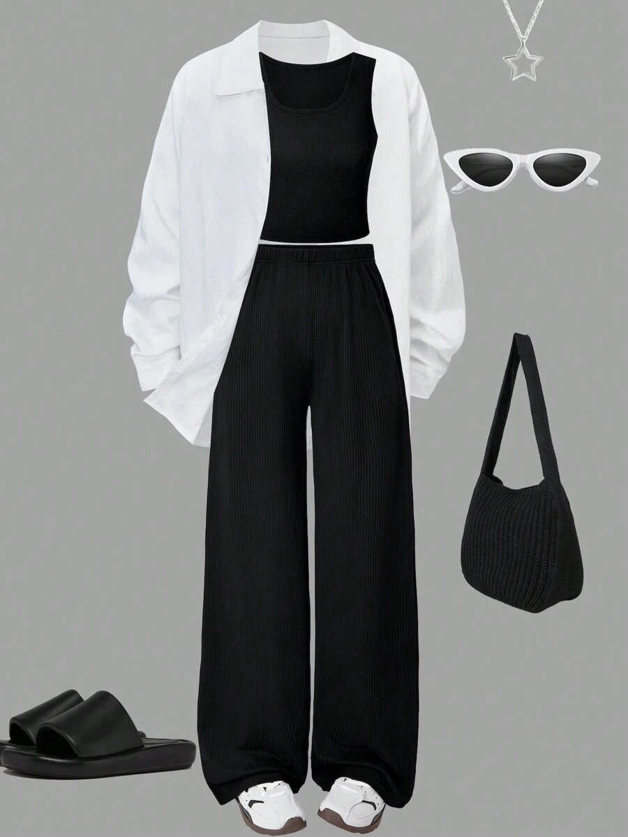 Sparklyn 3 件装 Tween Girl 轻质防紫外线长袖衬衫，搭配吊带背心和长裤，休闲舒适的春夏季服装 - 白色 - 查看 1