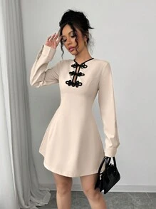 Calvaya Apricot Colored A-Line Dress With Mandarin Button Decoration, Waist Gathered