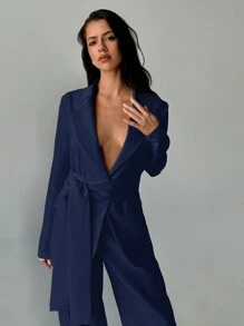 Aloruh 女士白色两件套商务套装：西装外套和裤子，适合通勤、秋冬季 - 藏蓝色 - 查看 5