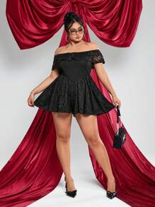 SHEIN ICON Plus Size Black Off Shoulder Ruffle Waisted Jumpsuit With Bowknot Decor, Date Night Off Shoulder Jumpsuit - Black - View 2