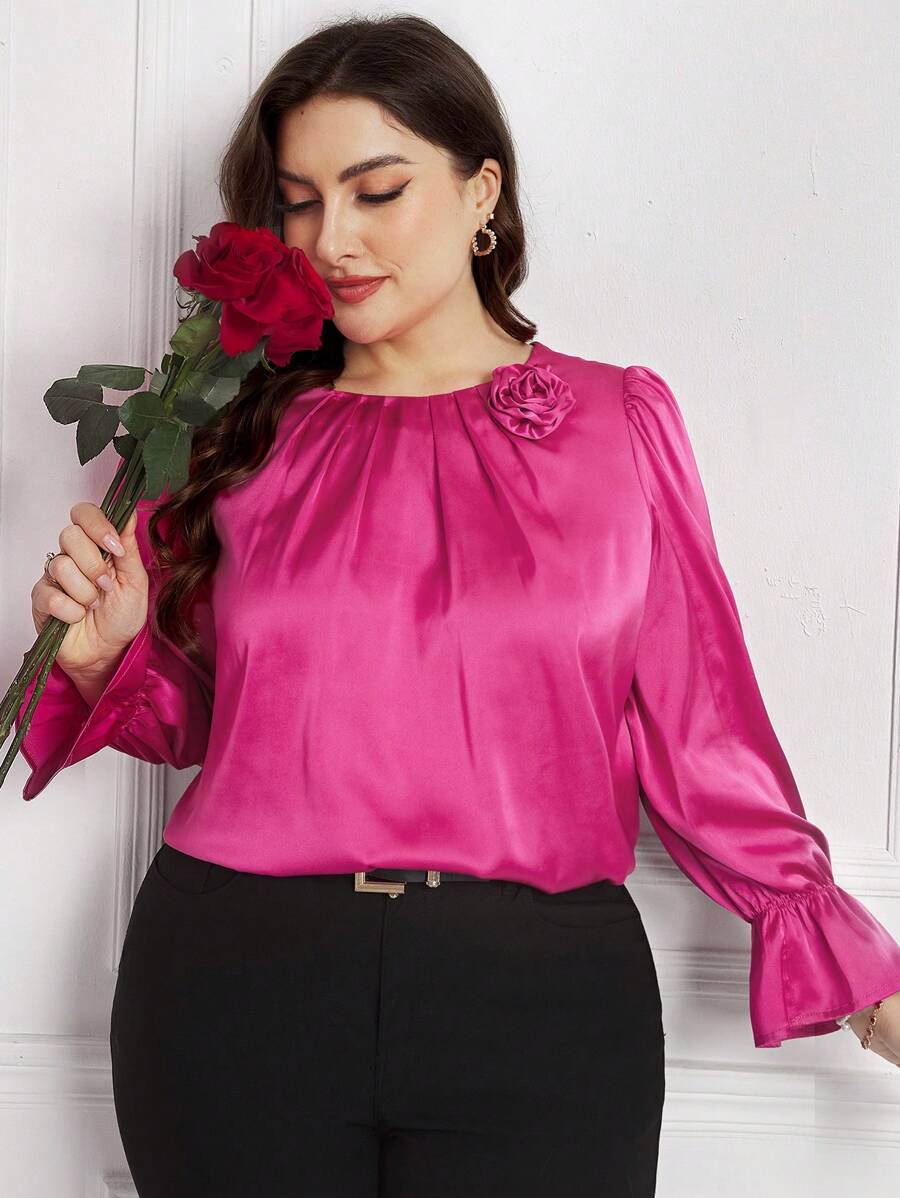 SHEIN Clasi 大码纯色 3D 花卉装饰长袖基本款上衣，日常休闲穿着