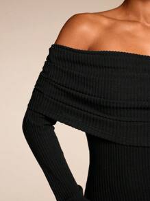 SHEIN BAE Đầm dài tay trễ vai màu trơn đơn sắc cho nữ, trang phục dự tiệc cho nữ, váy năm mới cho nữ, quần áo giáng sinh cho nữ - màu đen - Xem 4