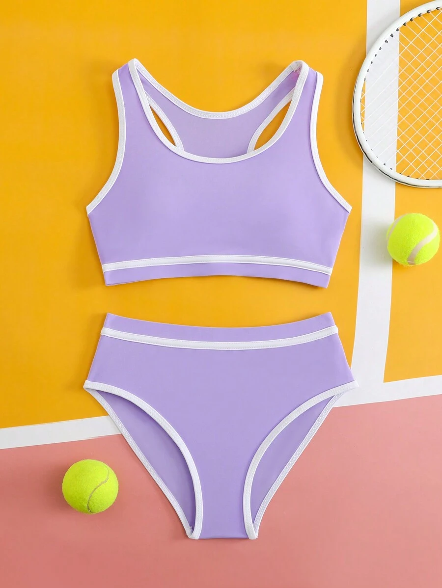 SHEIN Tween Girl Solid Color Splice Sleeveless Bikini Top And Bottom Swimwear Set - Mauve Purple - View 1