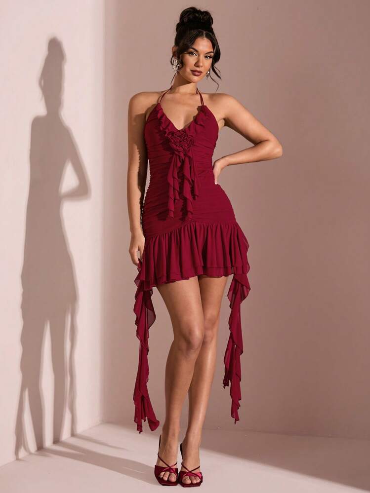 red ruffle dress shein SHEIN BAE Women Red Halter Ruffled Neck 3D Floral Accent Tie Side Ruched  Fitted Mini Dress,Valentine's Day,Burgundy,Summer,70's,Club Night,Party  Disco,Formal