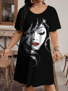 SHEIN LUNE Váy cổ tròn tay ngắn họa tiết chân dung tối giản giản dị cỡ lớn, phù hợp cho mùa hè - màu đen - Xem 6