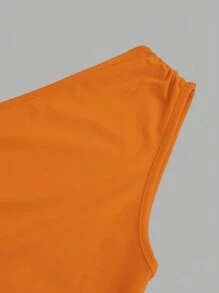 SHEIN EZwear 单肩褶饰长款美人鱼连衣裙，纯色简约休闲日常穿着 - 橘色 - 查看 3