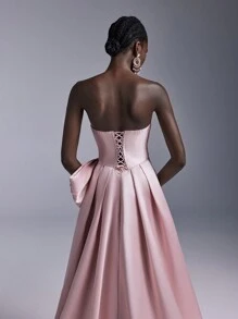 Elitara 优雅浪漫粉色奢华缎面胸部一体式大蝴蝶结装饰胸罩杯高腰性感高开叉婚礼宾客礼服，适合约会单身派对毕业典礼婚礼活动厚重晚礼服、礼服、晚礼服 - 粉色 - 查看 4