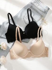 2pcs/Set Romantic Sexy Lace Underwire Bra, Lift Support, Minimize Side Bulge & Enhance Bust For Small Chest - Multicolor - View 1
