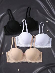 SHEIN 3pcs/Set Solid Color Romantic Lace Simple Comfortable&Support Daily Bra Set For Small Cup Size