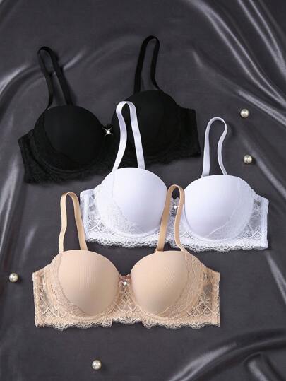 SHEIN 3pcs/Set Solid Color Romantic Lace Simple Comfortable&Support Daily Bra Set For Small Cup Size