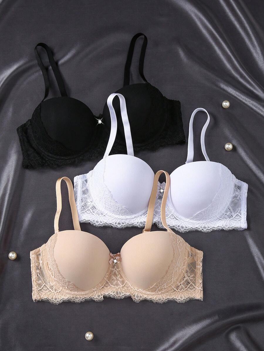 SHEIN 3pcs/Set Solid Color Romantic Lace Simple Comfortable&Support Daily Bra Set For Small Cup Size
