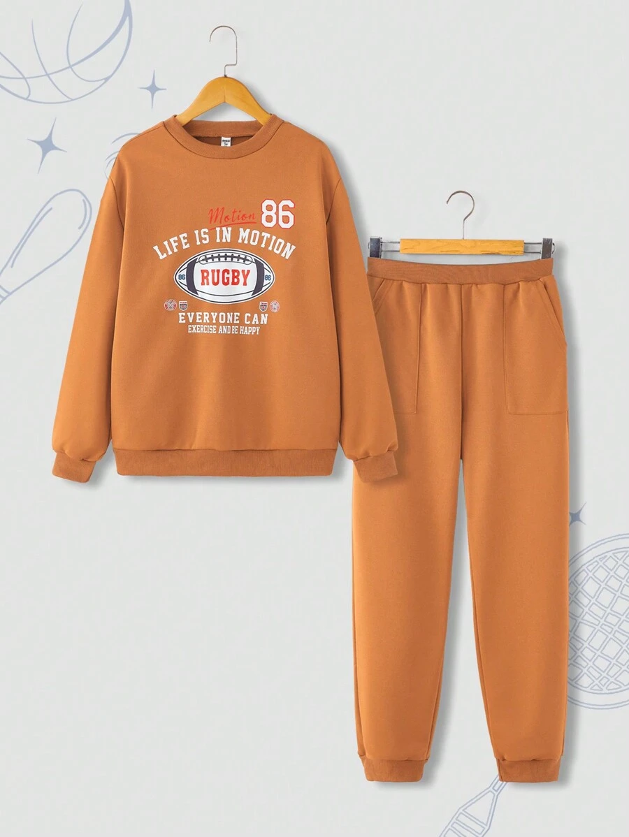 青少年男孩 2 件套圆领长袖上衣和裤子，休闲简约装，适合日常穿着