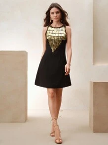 Anewsta French Elegant High-End Embellished Gold Sequin Beaded Sleeveless Dress - Black - View 3