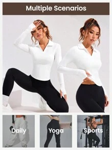 Easithlete Solid Color Pocket Long Sleeve Sports Polo Shirt - White - View 3