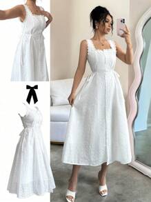 Rafferiza Đầm mùa hè không tay cổ vuông thêu màu trơn cho nữ màu trắng - trắng - Xem 3