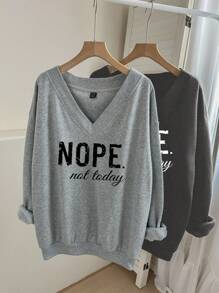 SHEIN LUNE 2pcs Plus Size V-Neck Loose "NOPE" Letter Print Sweatshirt, Suitable For Autumn/Winter