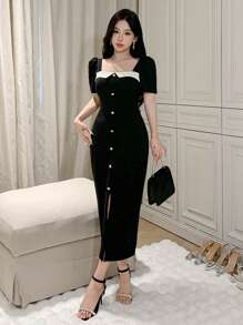 DAZY Women's Square Neck Color-Block Long Sleeve Fitted Dress Prom Dress Sundress,Fall Dress Elegant Women Dresses - Black and White - View 1