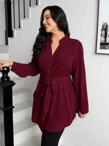 SHEIN Essnce 大码女式秋春休闲宽松长袖红色长衬衫、V 领衬衫、衬衫、纽扣衬衫、套装、女式工作衬衫、教师服装、返校、办公室服装、春季上衣